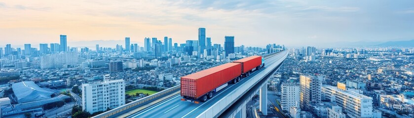 Fototapeta premium Urban Journey of a Truck on a Busy City Highway Surrounded by Skyscrapers and Vibrant City Life Capturing the Essence of Modern Transportation