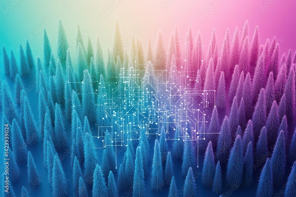 Poster enigmatic forest landscape merged with futuristic digital interface creating a harmonious blend of n