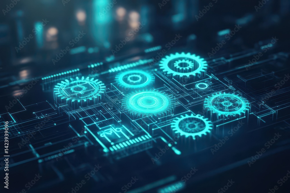 Poster intricate design of blue and black background featuring interlocking gears creating a dynamic and me