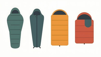 Four sleeping bags flat lay style in teal, grey, and orange representing camping gear choices 