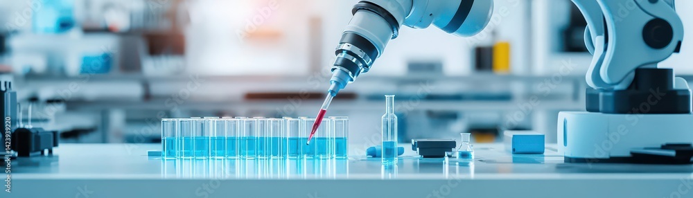 Poster futuristic robot conducting experiments with test tubes in a modern laboratory environment showcasin