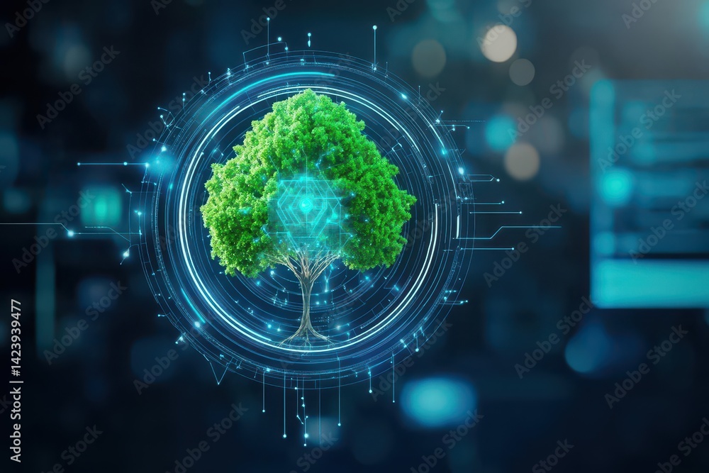Poster a majestic tree surrounded by a circular digital interface creating a harmonious blend of nature and