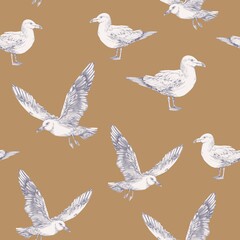 Obraz premium Sketch style seagulls flying and standing on a beige background. Nautical coastal theme, vintage marine wallpaper, hand-drawn birds seamless pattern for fabric, wrapping paper or decor