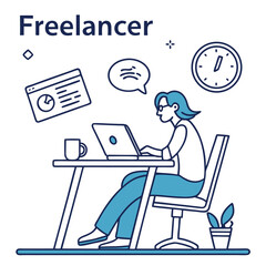 Naklejka premium A freelancer icon with a laptop and a coffee mug on a desk vector art design , vector design ,freelancer icon .