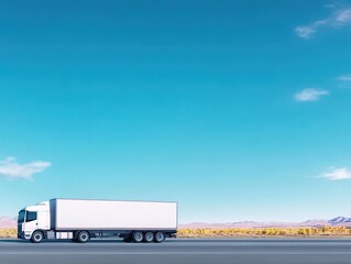 A White Truck Cruising Along a Scenic Highway Surrounded by Lush Greenery and Clear Blue Skies Evoking a Sense of Freedom and Adventure
