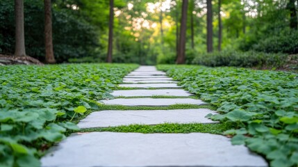 Elegant stone pathway meanders through lush greenery