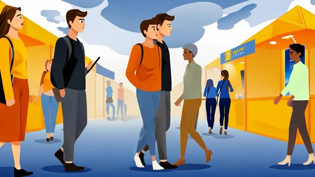 Outdoor fair with diverse crowd, booths, and blue skies backdrop