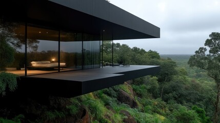 Obraz premium Modern cantilevered house with glass walls overlooking a lush green forest landscape.