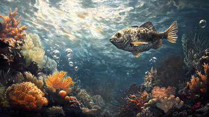 Fototapeta premium Grande pesce con bolle e coralli. Whim Tide. Illustration