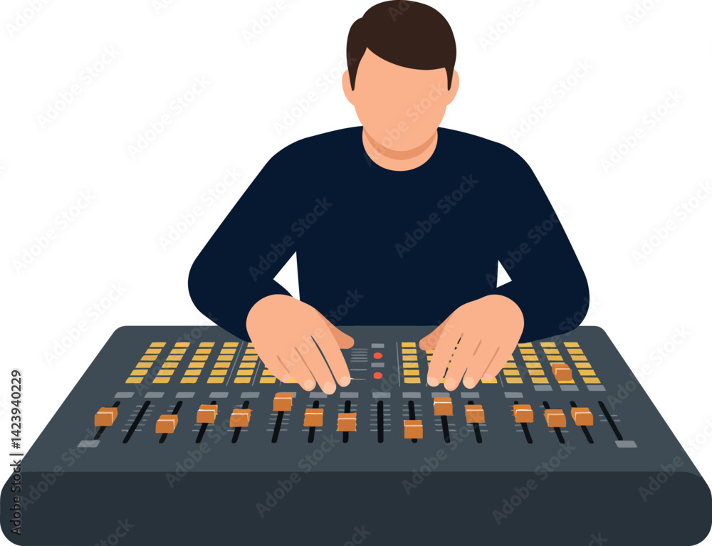 Poster sound engineer mixing audio on control panel with sliders and buttons vector illustration