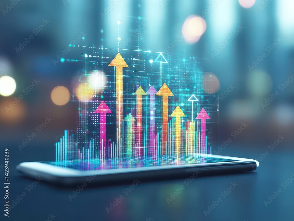 Poster vibrant smartphone displaying colorful business chart with dynamic data visualization in modern offi