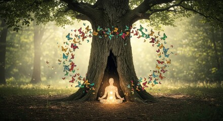 Tranquil meditation nature scene with person and butterflies