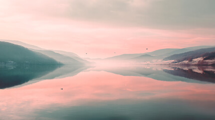 Fototapeta premium Misty Pink Horizon Over a Glassy Lake