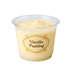 A clear plastic cup filled with vanilla pudding and labeled "Vanilla Pudding" is shown on a transparent background
