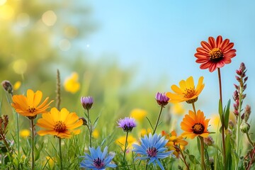 Fototapeta premium Colorful flower meadow with sunbeams.