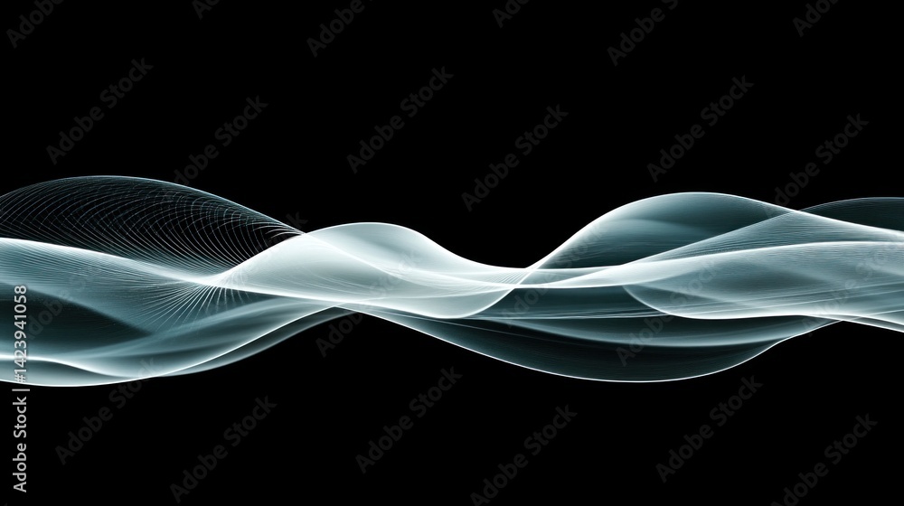 Poster abstract, flowing lines of light, creating a wave pattern on a dark background.