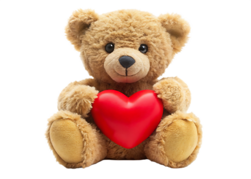 Teddy Bear with Heart: A cuddly teddy bear clasps a vibrant red heart, symbolizing love, warmth, and affection. Perfect for conveying heartfelt sentiments and messages. 