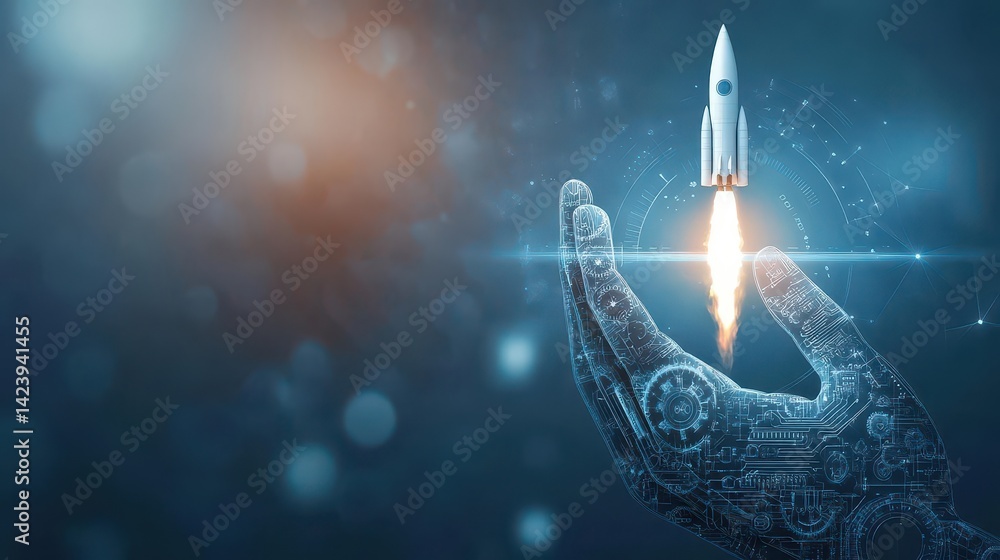 Aufkleber a close-up view of a hand gripping a small rocket with another rocket prominently displayed in the c