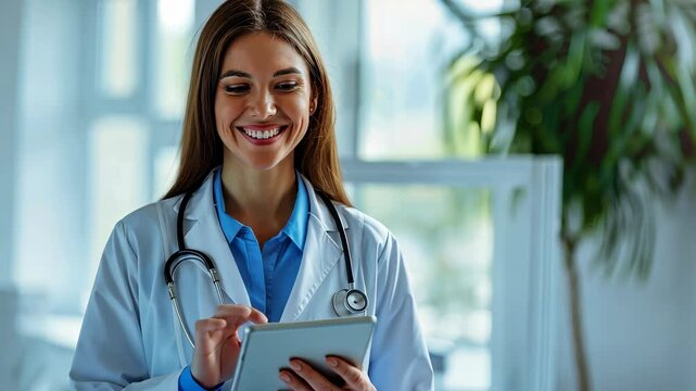 A smiling young female doctor holds a digital tablet while wearing a stethoscope and lab coat in a medical office. She has a warm and friendly demeanor, reflecting a welcoming healthcare environment.