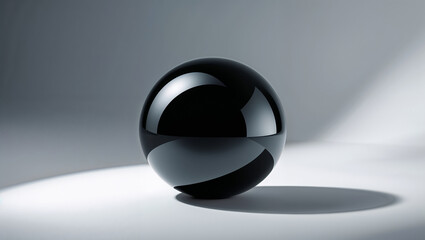 Abstract black sphere reflecting light on minimalist white background for mockups