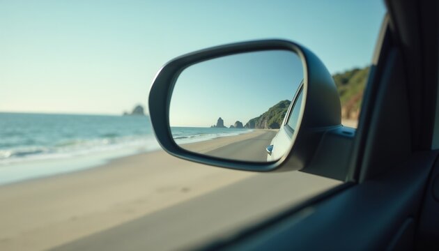 Fototapeta Coastal highway reflection realistic style in natural colors seen in a car mirror representing a road trip