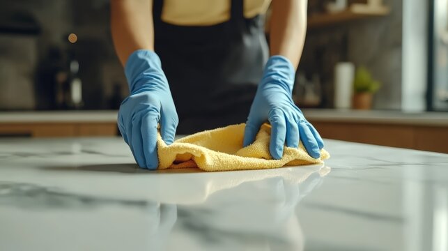 Person deep cleaning kitchen countertop with gloves and cloth
