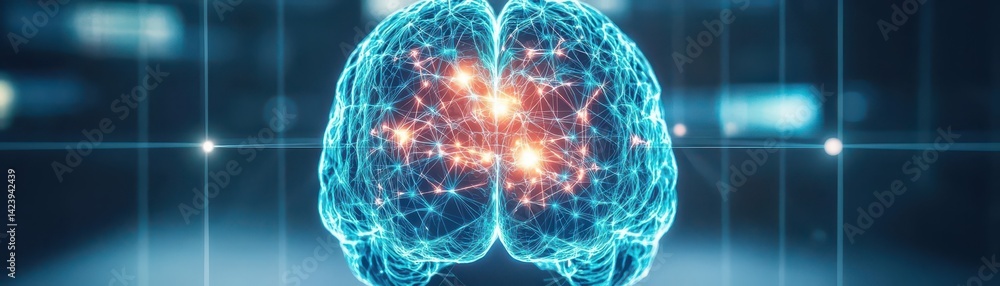 Poster illuminated brain surrounded by ethereal blue light symbolizing intelligence creativity and enlighte