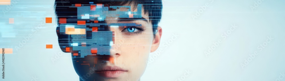 Poster close up of a woman's face enhanced by a high tech futuristic interface displaying data and graphics