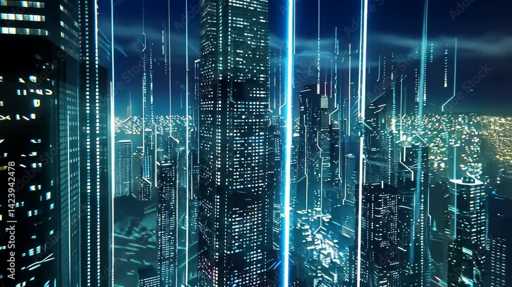 Poster dazzling skyscrapers illuminate the night sky with colorful lights while data streams create a futur