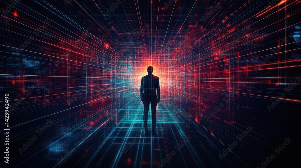 Poster a solitary man stands confidently in front of an intense bright light casting strong shadows creatin