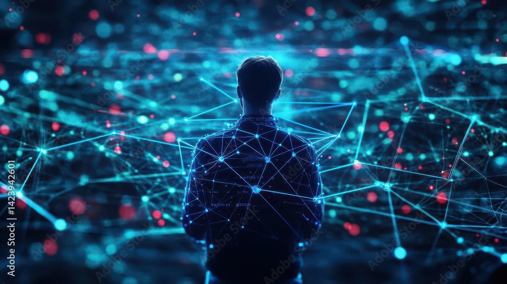 Poster a man confidently standing in front of an intricate network of connected lines symbolizing technolog