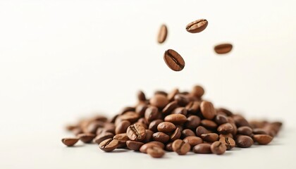 Naklejka premium A close-up of roasted coffee beans scattered on a white surface with some beans in mid-air
