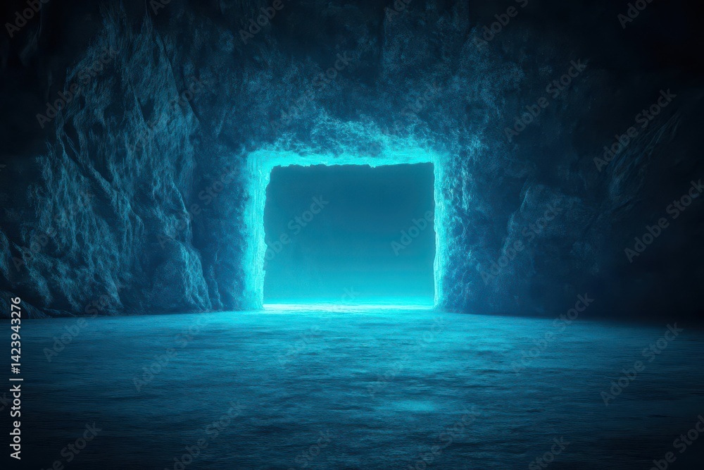 Poster mysterious cave interior illuminated by soft light from open door creating an enigmatic atmosphere w