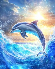 Obraz premium A dolphin jumps gracefully through the ocean waves. The sun sparkles in the background. This image captures the beauty of marine life. Generative AI.