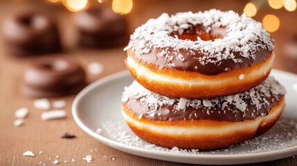 A pleasing arrangement of chocolate coated donuts with layered toppings, perfect for enticing food lovers and dessert connoisseurs with a sweet tooth.