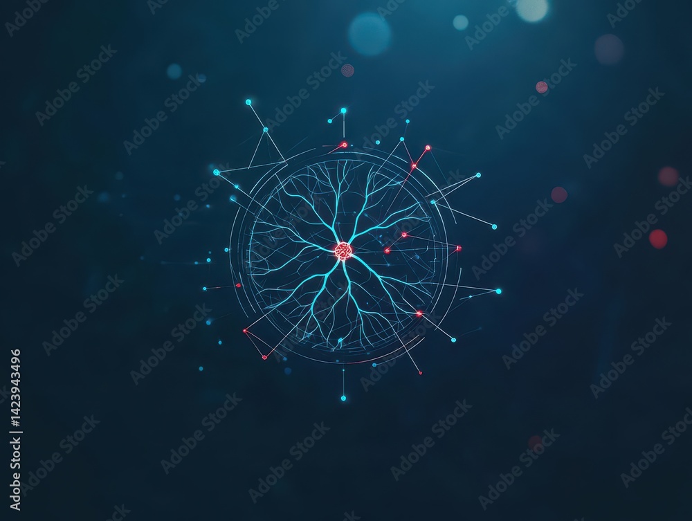 Poster abstract composition featuring blue background with central circle surrounded by intricate network o