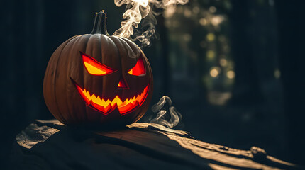Halloween jack o lantern dark background.