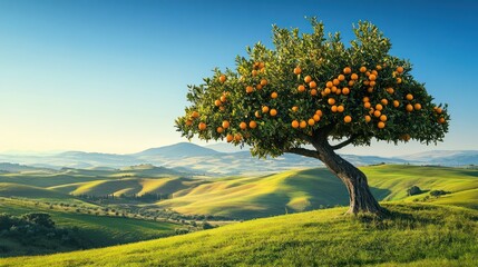Abundant orange tree on Tuscan hill, sunrise