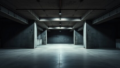 Fototapeta premium Empty industrial concrete parking garage interior with overhead lighting