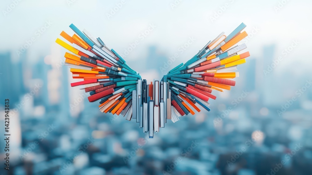 Poster intricate butterfly sculpture formed from open books symbolizing knowledge and imagination in a whim