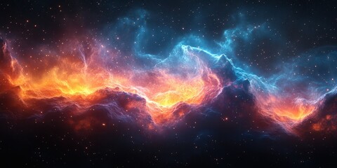 Fototapeta premium Colorful cosmic nebula swirls in deep space with bright orange and blue hues
