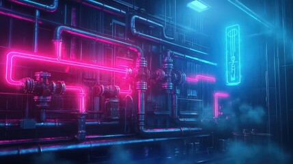 Obraz premium Vibrant Futuristic Cityscape Illuminated by Neon Lights and Interconnected Pipes Under a Starry Night Sky Evoking a Sense of Innovation and Wonder