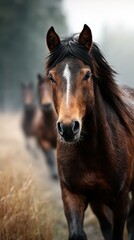 Fototapeta premium Horses gallop through misty meadow in early morning light at a tranquil pasture