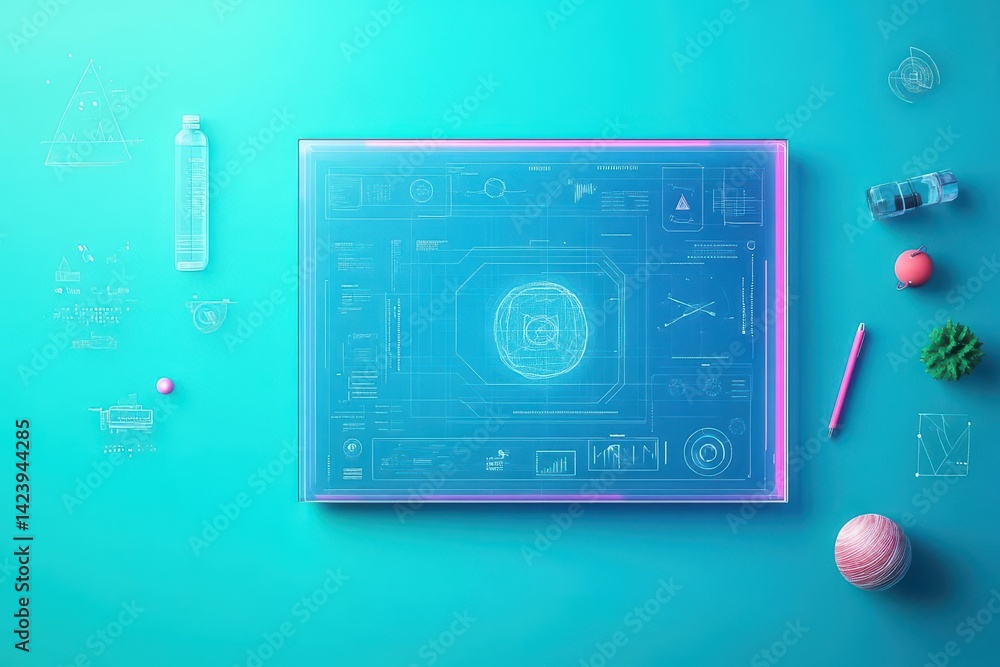 Poster intricate blueprint of a computer surrounded by colorful yarn balls illustrating the intersection of
