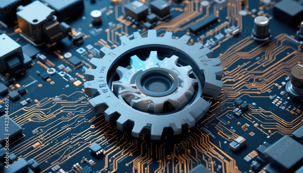 Poster mechanical gear interaction technology circuit board close-up image digital environment macro view i