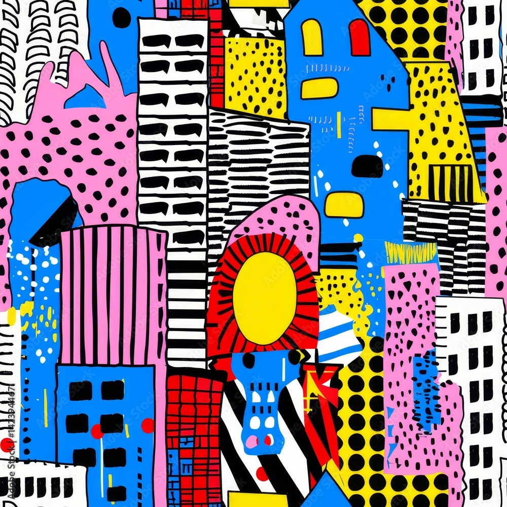 Poster vibrant geometric shapes layered on textures create an eye catching seamless design pattern.