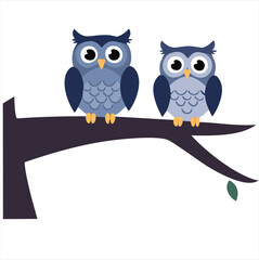 two Cute Cartoon Owls on Tree
