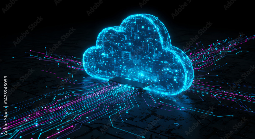 Poster glowing cloud representing cloud storage data and network cybersecurity on digital electronic chip b