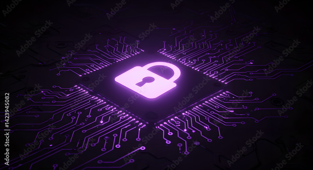 Poster shiny purple lock icon on dark circuit board backdrop. concept of data security, digital protection 