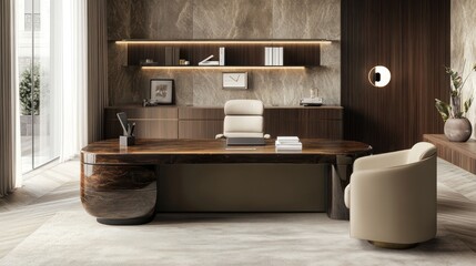 Luxury Modern Office Interior Design: Elegant Workspace with Wooden Desk and Beige Armchair